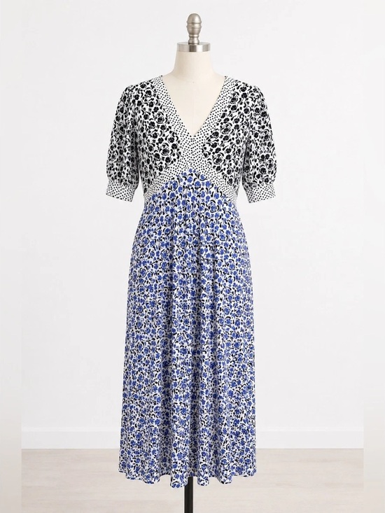 Boden Dresses & Skirts - Boden Blue and White Floral V‑Neck Midi Dress Empire Waist 16/18